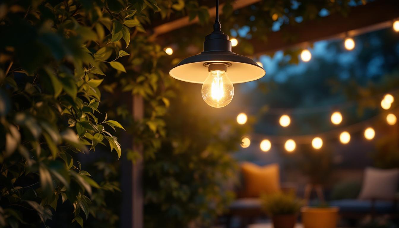 A photograph of a beautifully designed outdoor overhead light fixture illuminating a cozy outdoor space