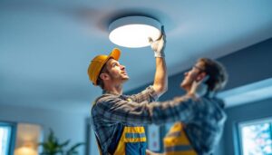 A photograph of a lighting contractor expertly installing a built-in light fixture in a modern interior space