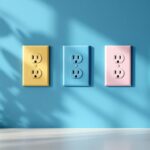 A photograph of a vibrant array of colored electrical outlet covers installed in a stylish