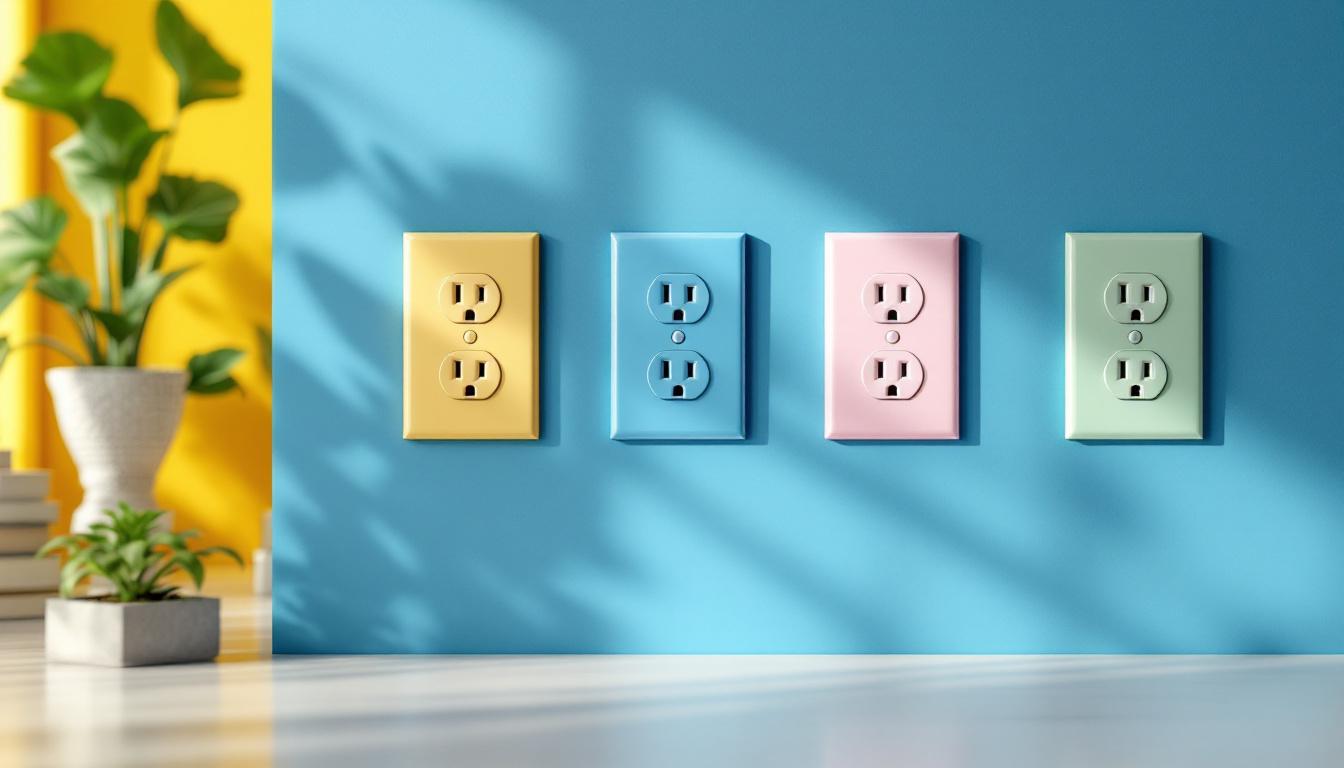 A photograph of a vibrant array of colored electrical outlet covers installed in a stylish