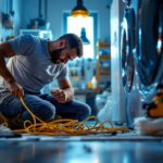 A photograph of a lighting contractor skillfully installing or working with washer and dryer cords in a well-lit laundry space
