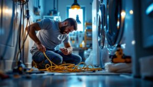 A photograph of a lighting contractor skillfully installing or working with washer and dryer cords in a well-lit laundry space