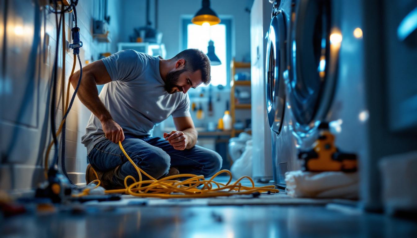 A photograph of a lighting contractor skillfully installing or working with washer and dryer cords in a well-lit laundry space