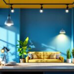 A photograph of a well-lit indoor space featuring a variety of eco-friendly lighting solutions