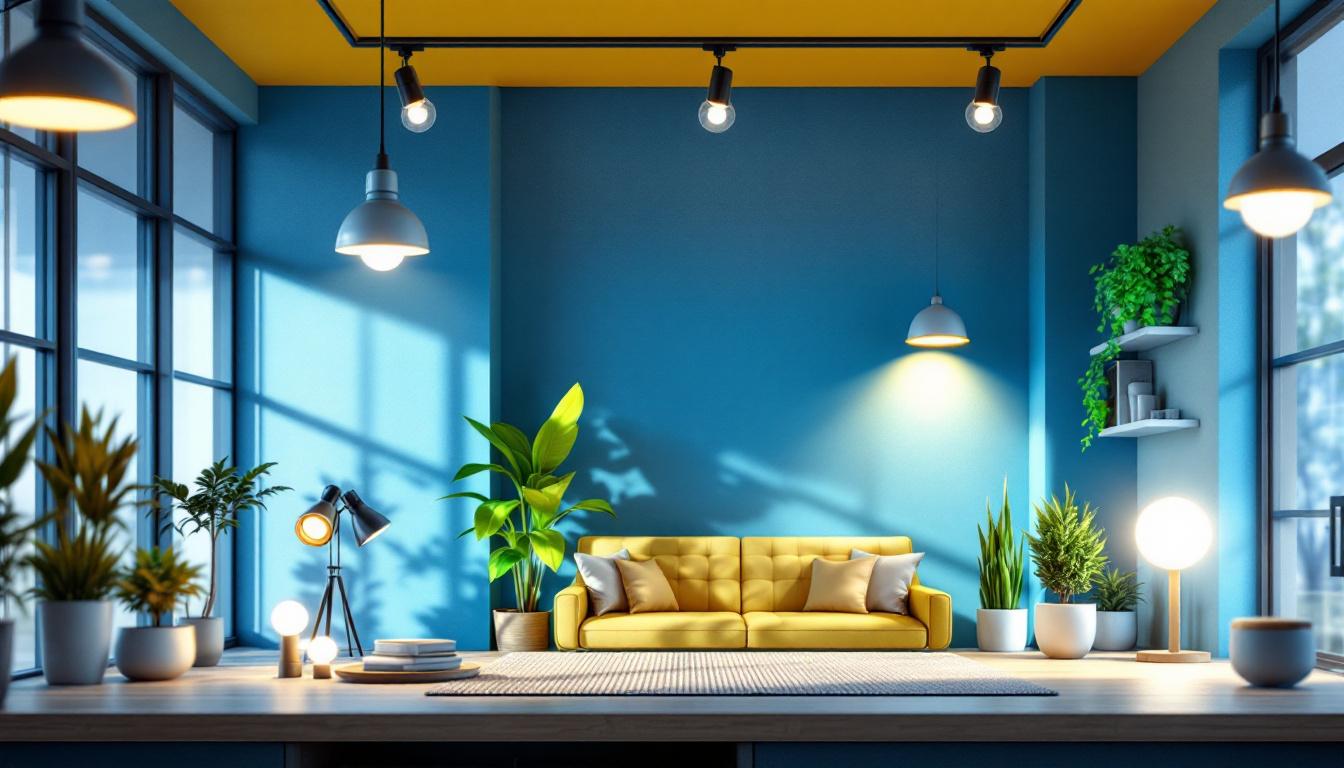 A photograph of a well-lit indoor space featuring a variety of eco-friendly lighting solutions