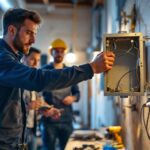 A photograph of a skilled technician training a group of team members in a well-lit workshop