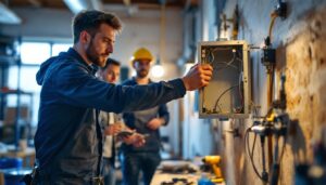 A photograph of a skilled technician training a group of team members in a well-lit workshop