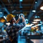 A photograph of a lighting contractor installing round shop lights in a bustling retail environment