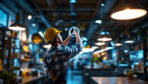 A photograph of a lighting contractor installing round shop lights in a bustling retail environment