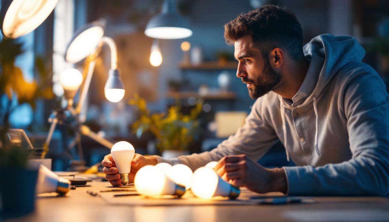 A photograph of a well-lit workspace featuring a variety of tanning light bulbs