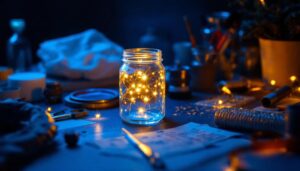 A photograph of a well-lit jar with a warm glow