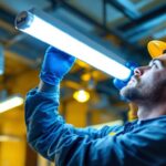 A photograph of a lighting contractor expertly installing a t8 fluorescent lamp with a focus on the ballast