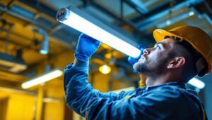 A photograph of a lighting contractor expertly installing a t8 fluorescent lamp with a focus on the ballast
