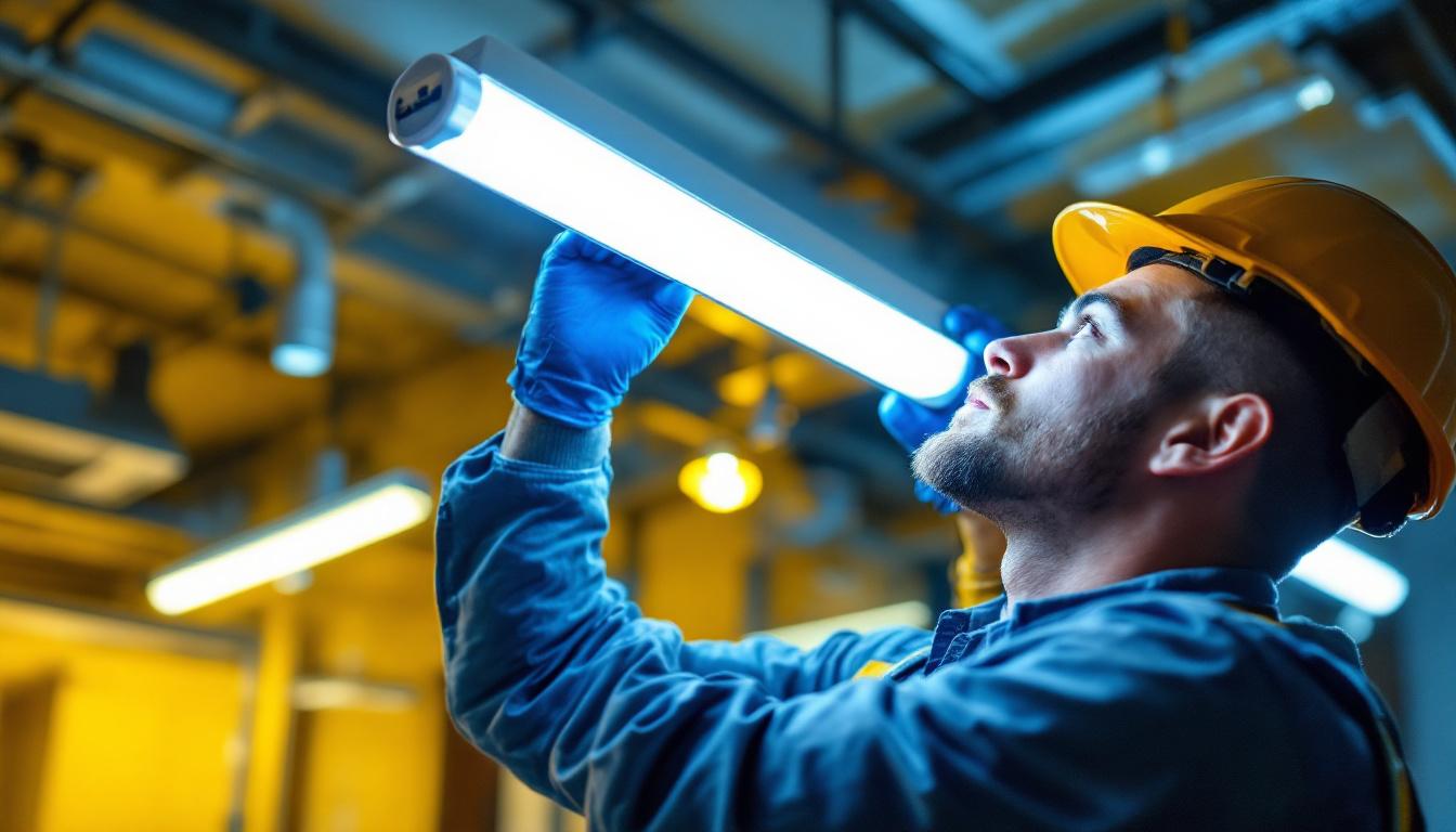 A photograph of a lighting contractor expertly installing a t8 fluorescent lamp with a focus on the ballast