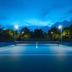 A photograph of a well-lit tennis court at dusk