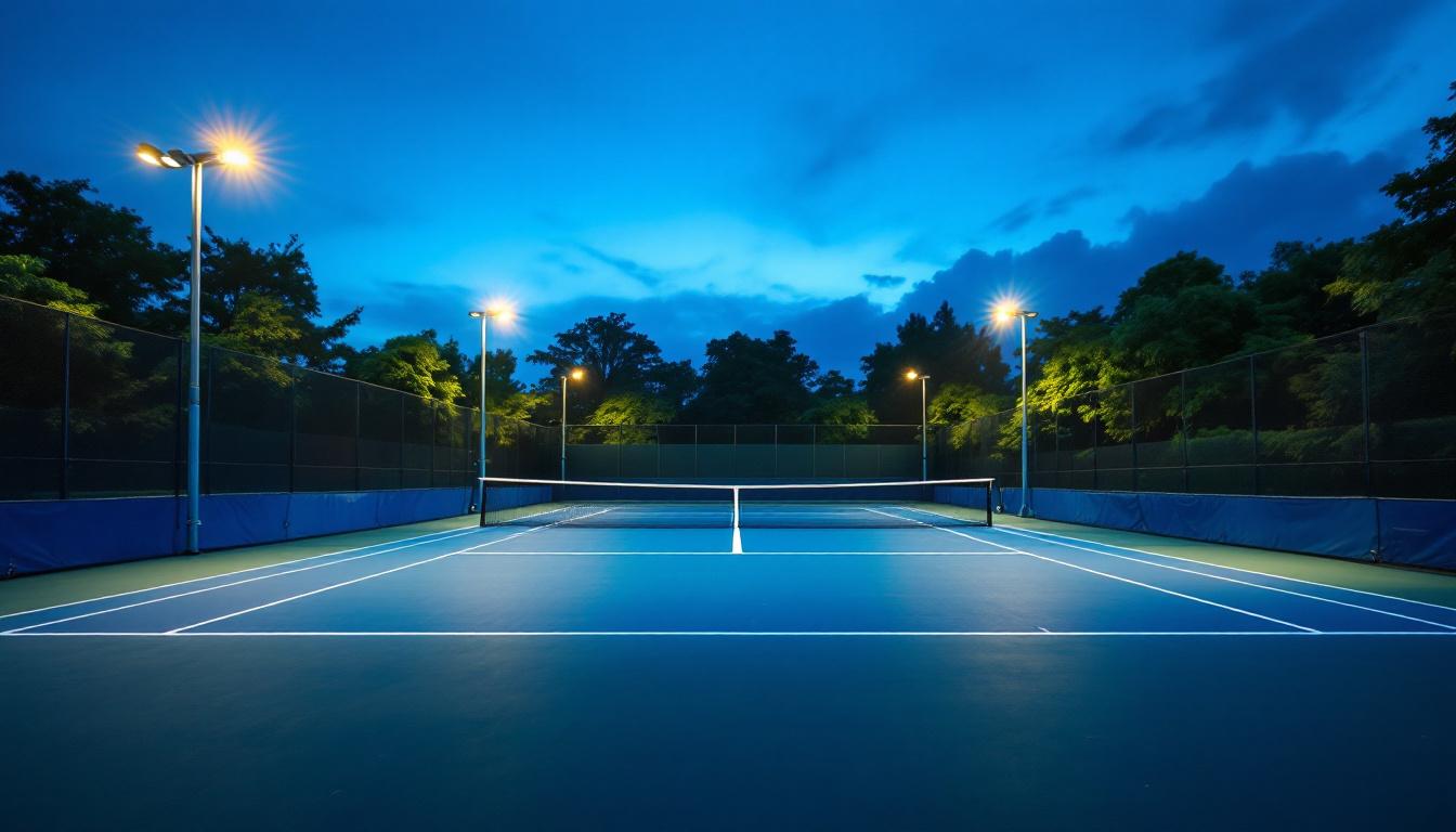 A photograph of a well-lit tennis court at dusk