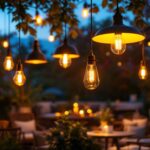 A photograph of a beautifully arranged outdoor space featuring a variety of stylish pendant lights hanging in a cozy setting