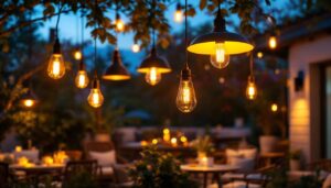 A photograph of a beautifully arranged outdoor space featuring a variety of stylish pendant lights hanging in a cozy setting