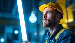 A photograph of a lighting contractor installing or showcasing a 4-foot fluorescent bulb in a commercial or residential setting