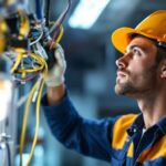 A photograph of a lighting contractor examining a t12 ballast installation