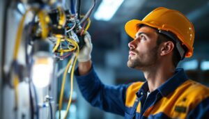 A photograph of a lighting contractor examining a t12 ballast installation