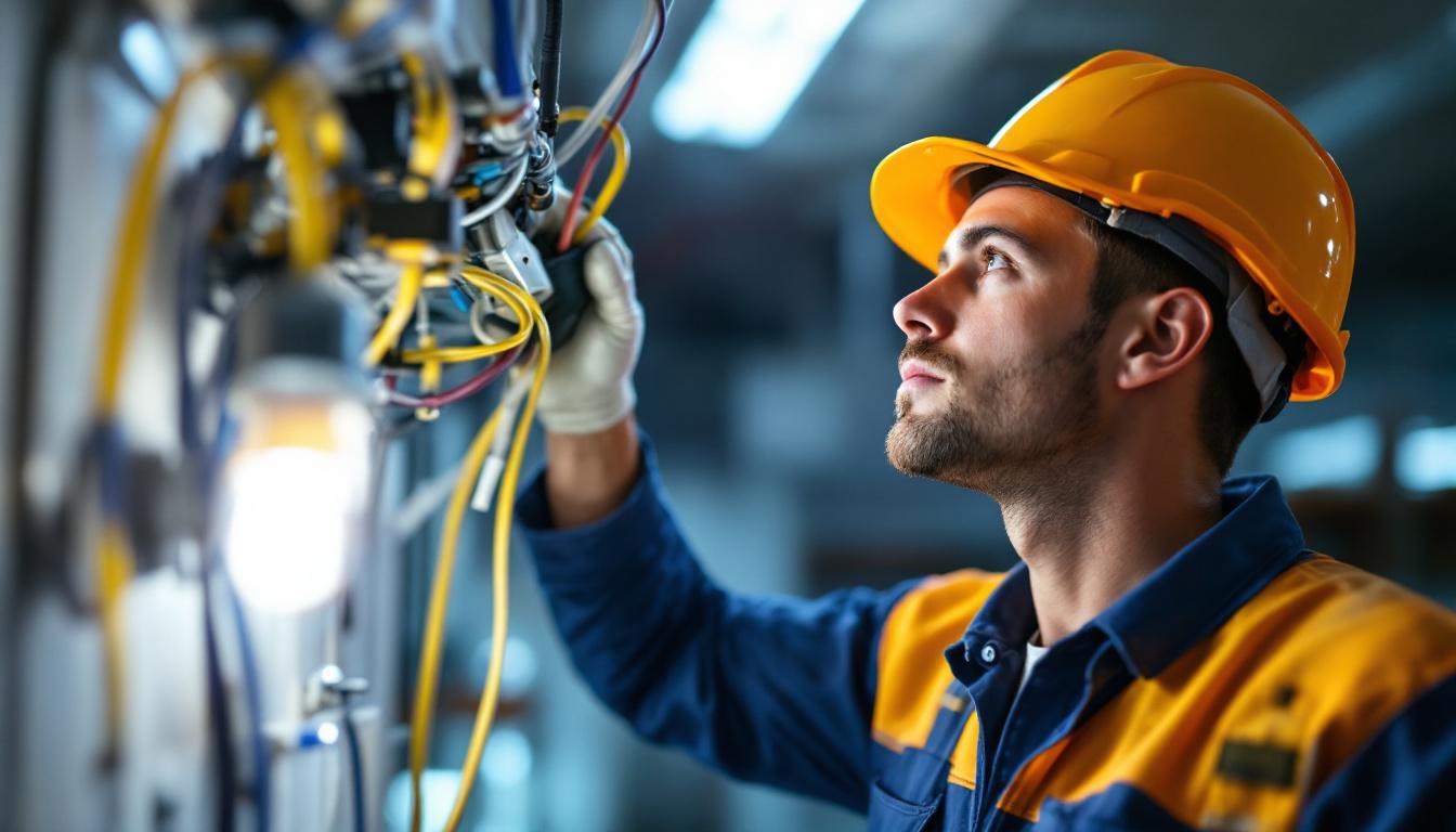 A photograph of a lighting contractor examining a t12 ballast installation