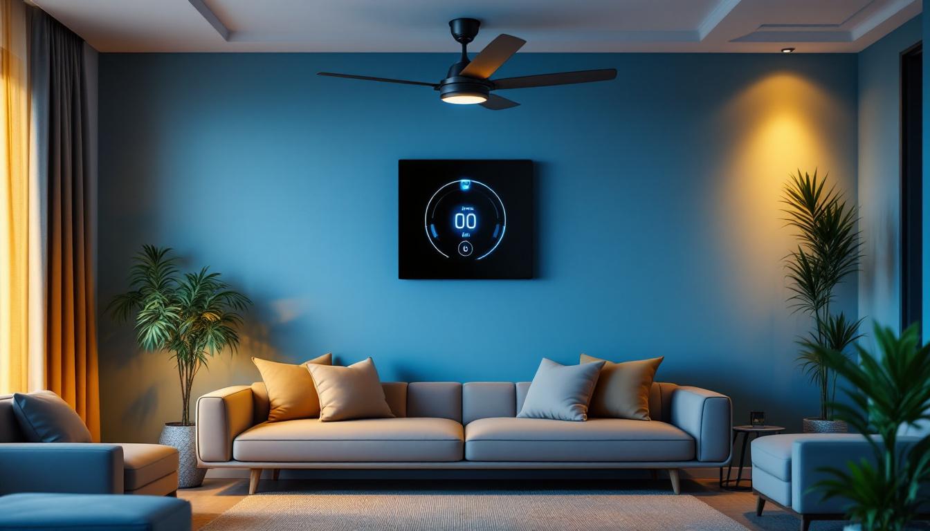 A photograph of a ceiling fan wall controller installed in a stylish living room setting