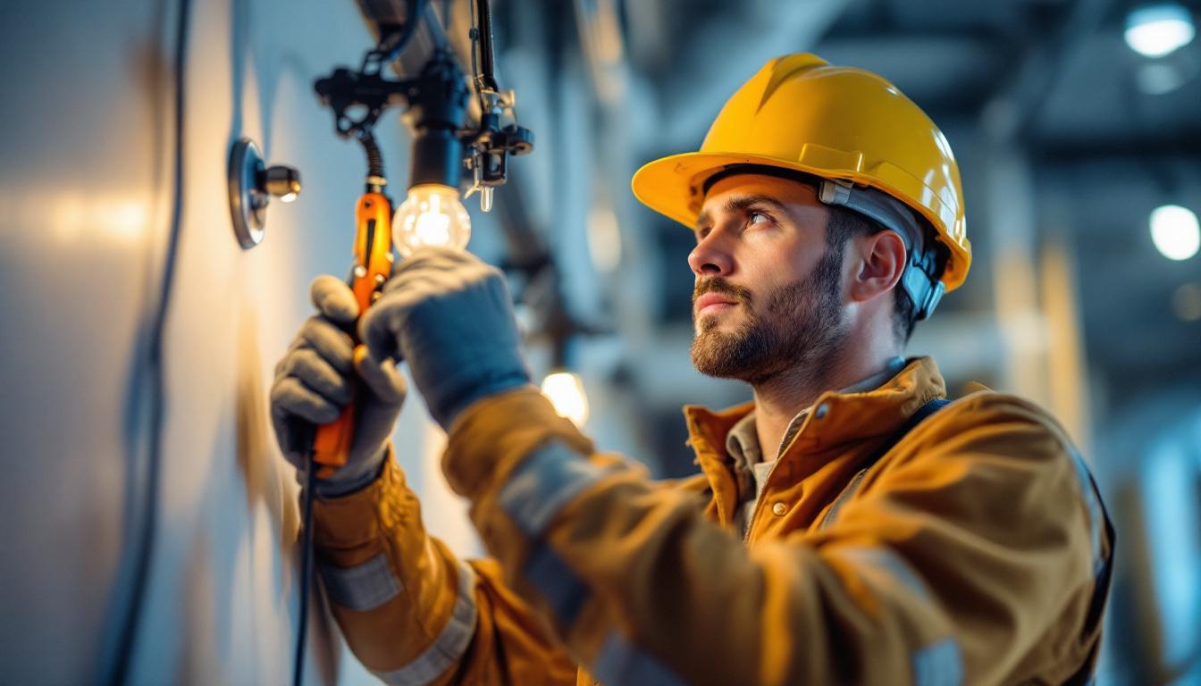 A photograph of a skilled lighting contractor in action