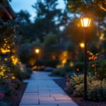A photograph of a beautifully illuminated outdoor space featuring a stylish three-light post light