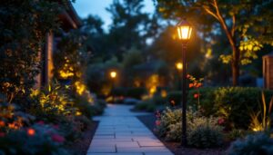A photograph of a beautifully illuminated outdoor space featuring a stylish three-light post light