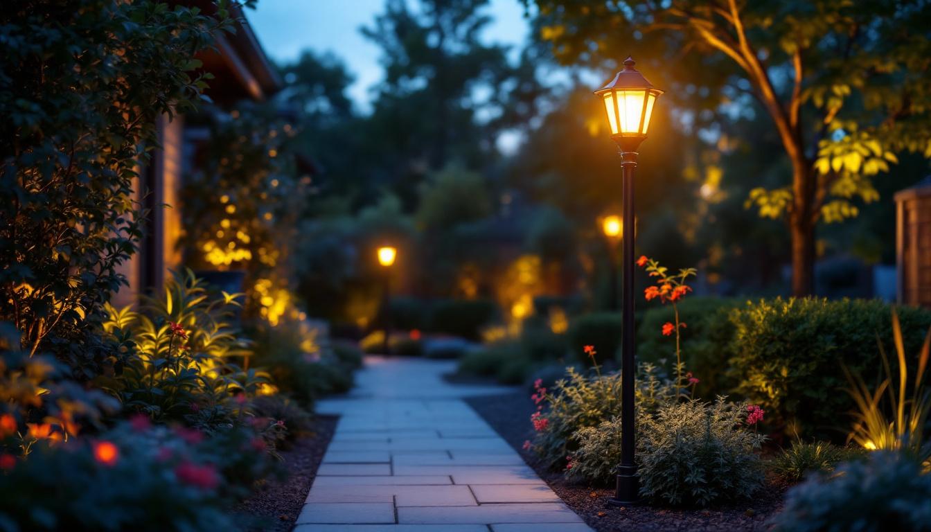 A photograph of a beautifully illuminated outdoor space featuring a stylish three-light post light