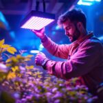 A photograph of a lighting contractor expertly installing or adjusting a grow light in a vibrant indoor garden setting