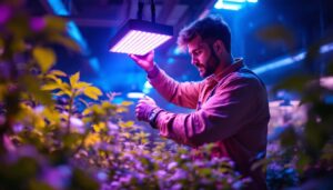A photograph of a lighting contractor expertly installing or adjusting a grow light in a vibrant indoor garden setting