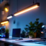 A photograph of a well-lit workspace showcasing a variety of led strip lights installed along a sleek