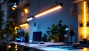 A photograph of a well-lit workspace showcasing a variety of led strip lights installed along a sleek
