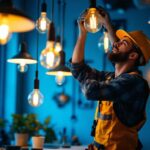 A photograph of a lighting contractor efficiently installing a variety of hanging lights in a stylish indoor setting
