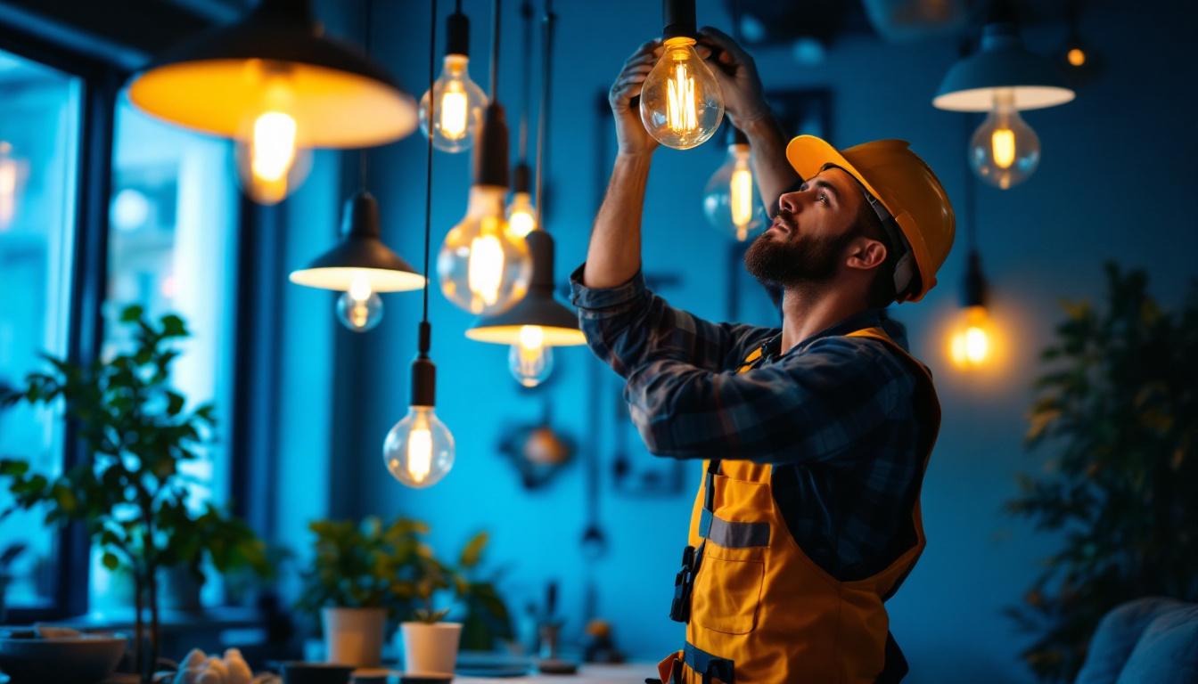 A photograph of a lighting contractor efficiently installing a variety of hanging lights in a stylish indoor setting