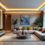 A photograph of a beautifully designed living space featuring high-end recessed lighting