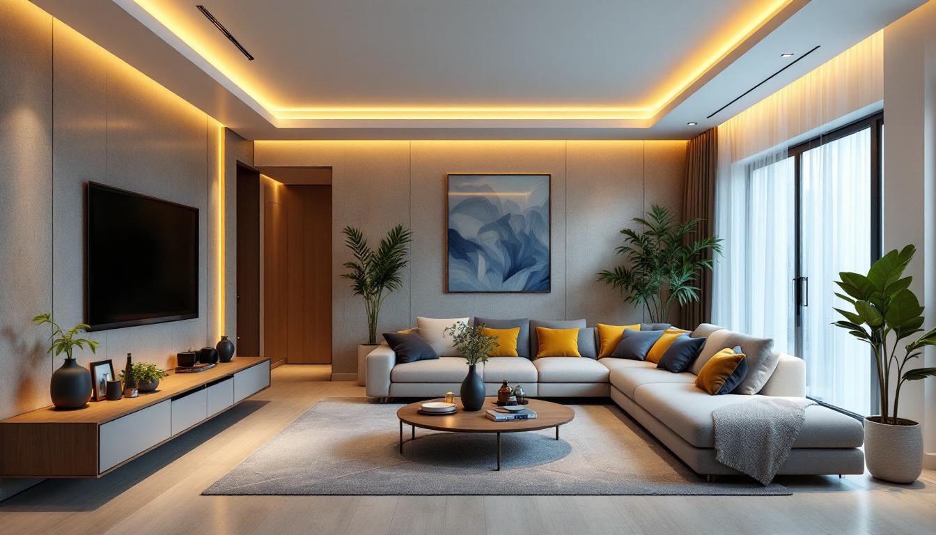A photograph of a beautifully designed living space featuring high-end recessed lighting