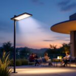 A photograph of a high-power solar lamp illuminating a modern outdoor setting