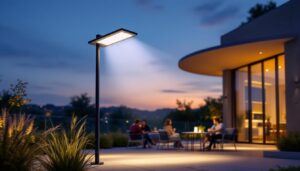 A photograph of a high-power solar lamp illuminating a modern outdoor setting