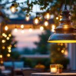 A photograph of a beautifully designed large exterior pendant light hanging in an inviting outdoor setting