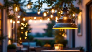 A photograph of a beautifully designed large exterior pendant light hanging in an inviting outdoor setting