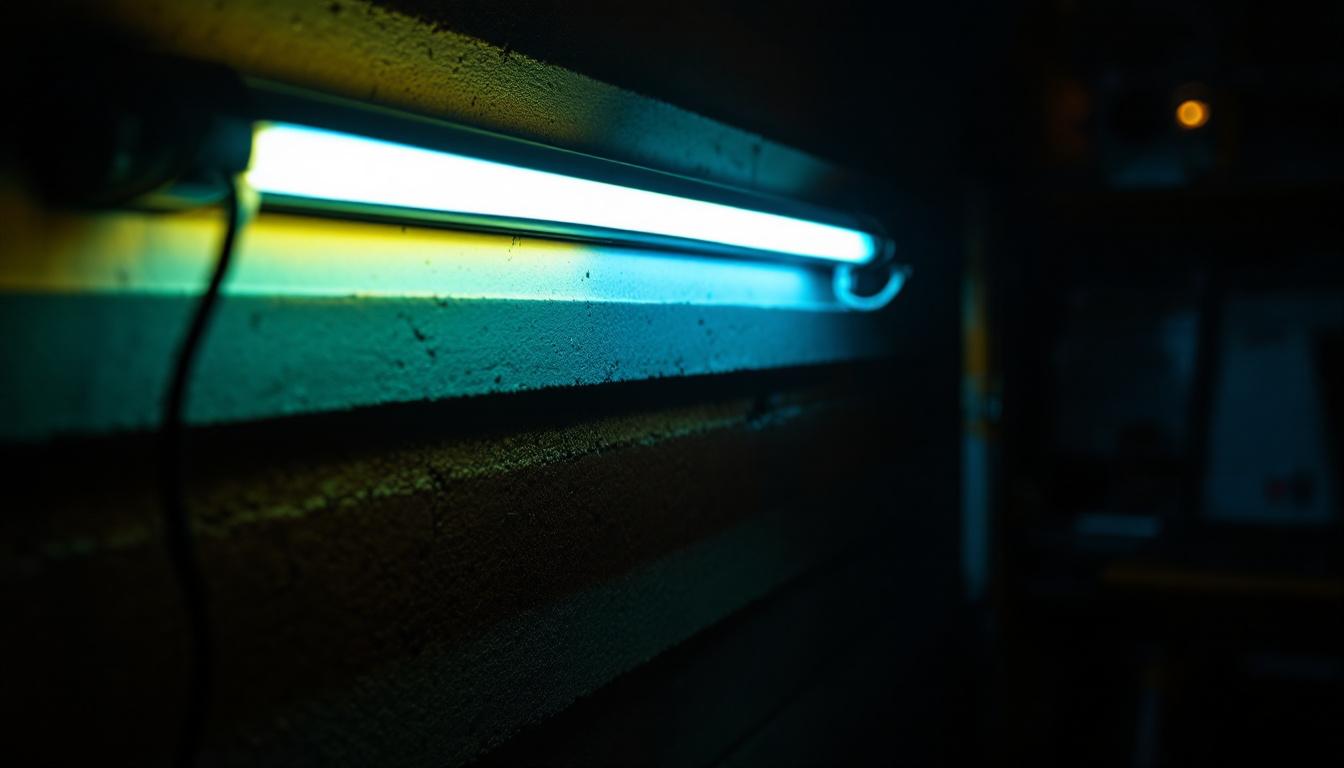 A photograph of a close-up shot of a flickering fluorescent tube in a dimly lit environment