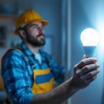 A photograph of a lighting contractor installing or showcasing a 15w led lamp in a residential or commercial setting