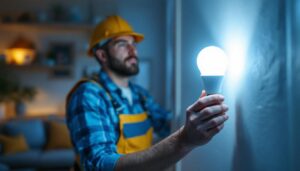 A photograph of a lighting contractor installing or showcasing a 15w led lamp in a residential or commercial setting
