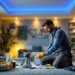 A photograph of a lighting contractor installing led recessed lights in a modern home setting