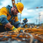 A photograph of a lighting contractor using heavy-duty cable pulling equipment on a job site
