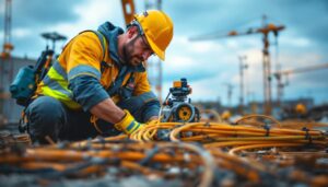 A photograph of a lighting contractor using heavy-duty cable pulling equipment on a job site