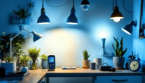 A photograph of a well-lit workspace featuring a variety of light fixtures and bulbs